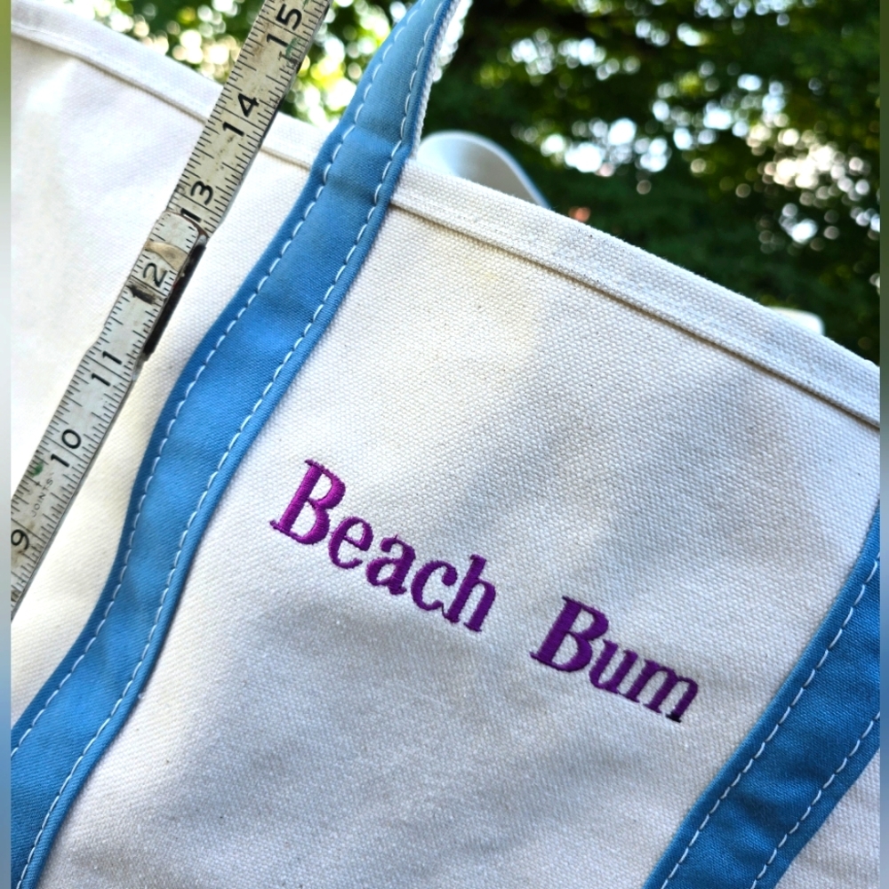 LL Bean Boat BEACH BUM Creme Canvas Tote Slate Blue Monogram Large Custom NWT - Picture 6 of 9